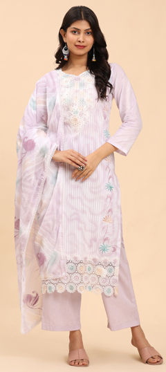 Purple and Violet color Salwar Kameez in Cotton fabric with Embroidered, Resham, Stone, Thread work