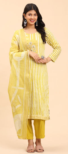 Yellow color Salwar Kameez in Cotton fabric with Printed, Thread, Zardozi work