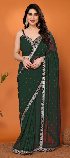 Green color Saree in Georgette fabric with Lace, Zircon work