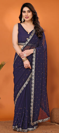 Blue color Saree in Georgette fabric with Lace, Zircon work