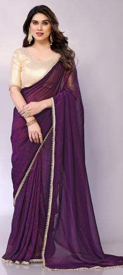 Purple and Violet color Saree in Georgette, Tissue fabric with Lace work