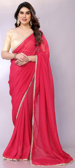 Pink and Majenta color Saree in Georgette, Tissue fabric with Lace work