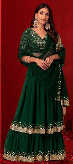 Green color Lehenga in Georgette fabric with Embroidered, Sequence, Thread, Zari work