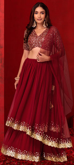 Red and Maroon color Lehenga in Georgette fabric with Embroidered, Sequence, Thread, Zari work