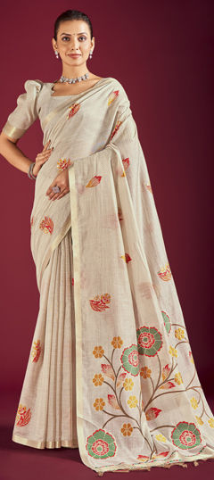 White and Off White color Saree in Linen fabric with Floral, Printed work