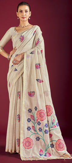 White and Off White color Saree in Linen fabric with Floral, Printed work