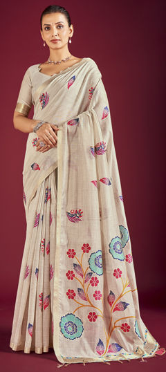 White and Off White color Saree in Linen fabric with Floral, Printed work