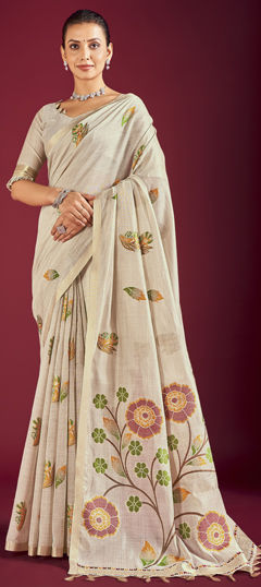 White and Off White color Saree in Linen fabric with Floral, Printed work