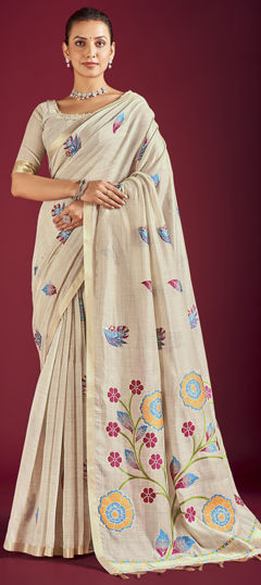 White and Off White color Saree in Linen fabric with Floral, Printed work