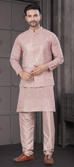 Pink and Majenta color Kurta Pyjama with Jacket in Viscose fabric with Embroidered, Sequence, Thread work