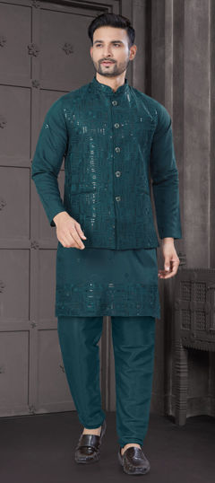 Blue color Kurta Pyjama with Jacket in Viscose fabric with Embroidered, Sequence, Thread work