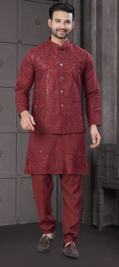 Red and Maroon color Kurta Pyjama with Jacket in Viscose fabric with Embroidered, Sequence, Thread work