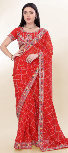 Red and Maroon color Saree in Georgette fabric with Bandhej, Embroidered, Printed work