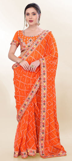 Orange color Saree in Georgette fabric with Bandhej, Embroidered, Printed work