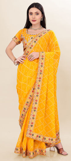 Yellow color Saree in Georgette fabric with Bandhej, Embroidered, Printed work