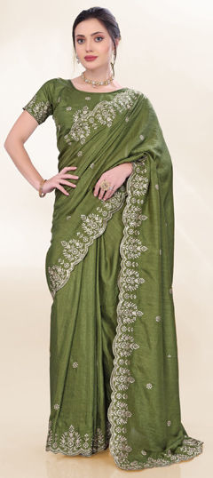 Green color Saree in Art Silk fabric with Embroidered, Sequence, Thread work