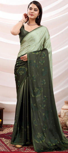 Green color Saree in Satin Silk fabric with Zircon work