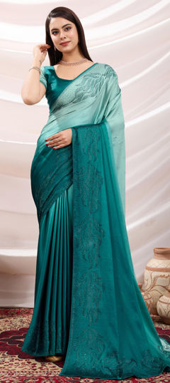 Blue color Saree in Satin Silk fabric with Zircon work