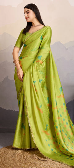 Green color Saree in Brocade fabric with Lace, Weaving work