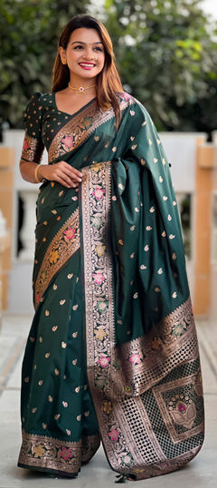 Green color Saree in Banarasi Silk fabric with Weaving, Zari work