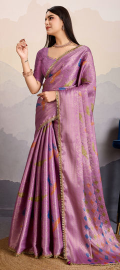 Pink and Majenta color Saree in Brocade fabric with Lace, Weaving work