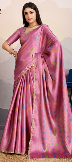 Pink and Majenta color Saree in Brocade fabric with Lace, Weaving work