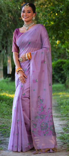 Purple and Violet color Saree in Cotton fabric with Resham, Weaving work