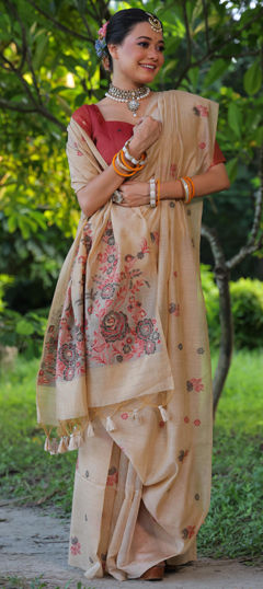 Beige and Brown color Saree in Cotton fabric with Resham, Weaving work