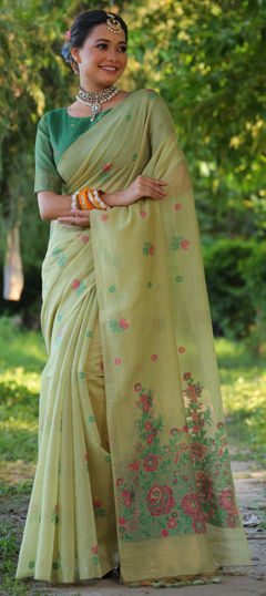 Yellow color Saree in Cotton fabric with Resham, Weaving work