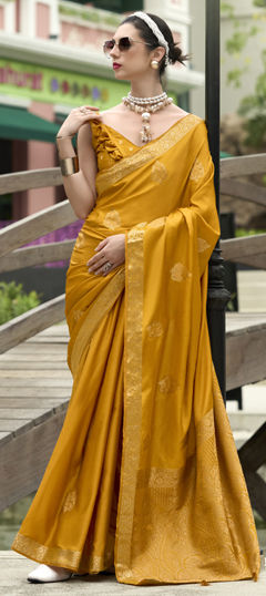 Yellow color Saree in Satin Silk fabric with Weaving, Zari work