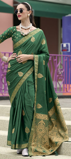 Green color Saree in Satin Silk fabric with Weaving, Zari work