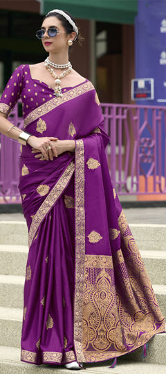 Purple and Violet color Saree in Satin Silk fabric with Weaving, Zari work