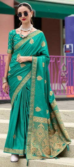 Green color Saree in Satin Silk fabric with Weaving, Zari work