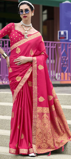 Pink and Majenta color Saree in Satin Silk fabric with Weaving, Zari work