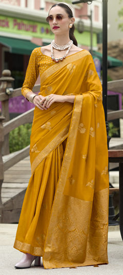 Yellow color Saree in Satin Silk fabric with Weaving, Zari work