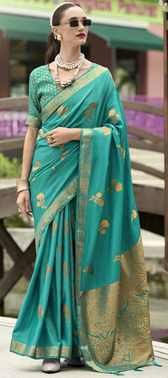 Blue color Saree in Satin Silk fabric with Weaving, Zari work