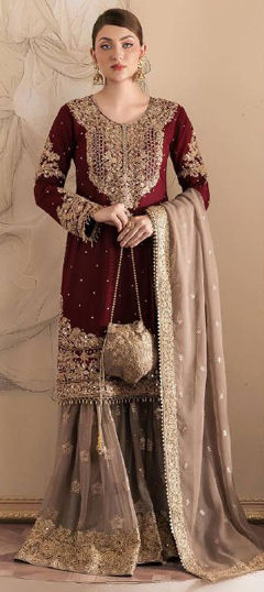 Red and Maroon color Salwar Kameez in Faux Georgette fabric with Embroidered, Sequence, Thread, Zari work