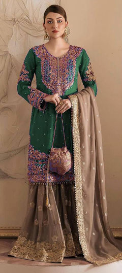 Green color Salwar Kameez in Faux Georgette fabric with Embroidered, Sequence, Thread, Zari work