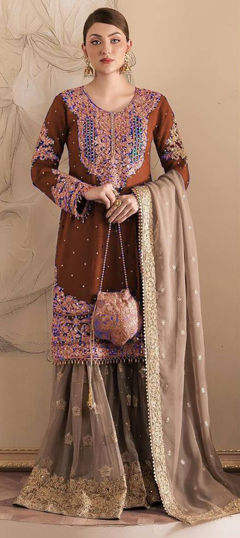 Beige and Brown color Salwar Kameez in Faux Georgette fabric with Embroidered, Sequence, Thread, Zari work