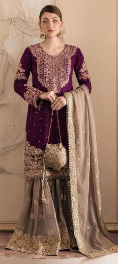 Purple and Violet color Salwar Kameez in Faux Georgette fabric with Embroidered, Sequence, Thread, Zari work