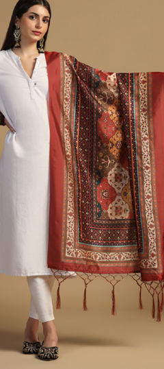 Beige and Brown color Dupatta in Art Silk fabric with Digital Print work