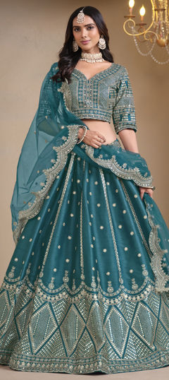 Blue color Lehenga in Art Silk fabric with Embroidered, Sequence, Thread, Zari work