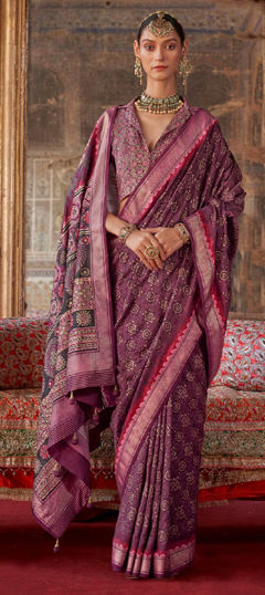 Pink and Majenta color Saree in Silk fabric with Printed, Weaving work