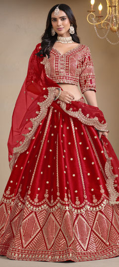 Red and Maroon color Lehenga in Art Silk fabric with Embroidered, Sequence, Thread, Zari work