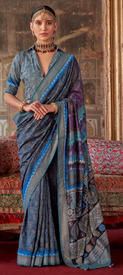 Blue color Saree in Silk fabric with Printed, Weaving work