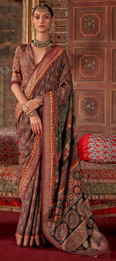 Beige and Brown color Saree in Silk fabric with Printed, Weaving work