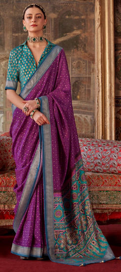 Pink and Majenta color Saree in Silk fabric with Printed, Weaving work