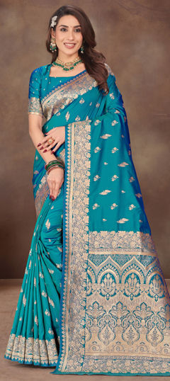 Blue color Saree in Silk fabric with Weaving, Zari work