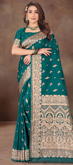 Green color Saree in Silk fabric with Weaving, Zari work