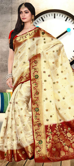 White and Off White color Saree in Kanjeevaram Silk fabric with Stone, Weaving, Zari work